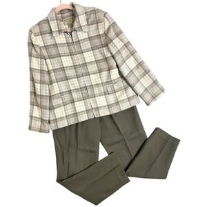 Vintage Jones‎ New York Country Wool Pant Suit 8/10 Gray Plaid Olive Slacks Y2K